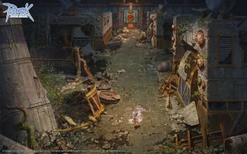 1girl boots brown_boots building commentary_request full_body grass green_hair highres in-universe_location lab_coat machine medium_hair official_art official_wallpaper outdoors overgrown plant ragnarok_online ruins scenery solo standing tile_floor tiles very_wide_shot vines watermark wide_shot yakkunn