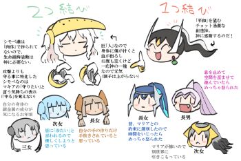 1boy 6+girls arceus blue_hair blush_stickers brown_hair cartier_(kasugai_(de-tteiu)) character_profile chibi dialga eve_(kasugai_(de-tteiu)) fang fewer_digits gen_3_pokemon gen_4_pokemon giratina grey_hair head_only horns ice_(kasugai_(de-tteiu)) kasugai_(de-tteiu) legendary_pokemon machia_(kasugai_(de-tteiu)) maiden_(kasugai_(de-tteiu)) maria_(kasugai_(de-tteiu)) mask mask_on_head messy_hair multicolored_hair multiple_girls mythical_pokemon nintendo palkia personification pink_hair pokemon regice regigigas regirock registeel rock_(kasugai_(de-tteiu)) steel_(kasugai_(de-tteiu)) translated white_hair