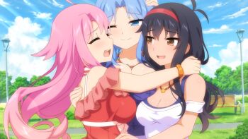 Rule 34 | 3girls, ahoge, bench, black hair, blue eyes, blue hair, curtained hair, detached sleeves, game cg, hairband, hand on another's head, hug, jewelry, lilim (sakura cupid), mitsuki (sakura cupid), multiple girls, necklace, official art, park, park bench, pink eyes, pink hair, red hairband, sakura cupid, serra (sakura cupid), smile, wanaca, yellow eyes