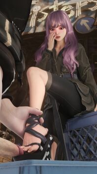 1boy 1girl 3d aged_down animated barefoot bike_shorts black_coat black_sandals black_shorts coat embarrassed eyelashes foot_focus foot_out_of_frame from_below green_eyes hand_on_own_face hetero high_heel_sandals kaya_(stellar_blade) lips loli lolpantsu long_hair long_sleeves looking_at_another looking_at_penis looking_down outdoors penis platform_sandals purple_hair sandals shorts sitting solo_focus stellar_blade surprised tagme toes uncensored video