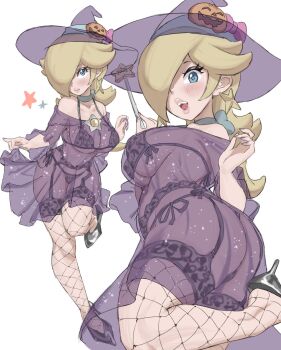 1girl bare_shoulders blonde_hair blue_eyes blush bra breasts closed_mouth collarbone earrings fishnet_thighhighs fishnets garter_belt garter_straps hair_over_one_eye hat high_heels highres holding holding_wand jewelry large_breasts lingerie long_hair looking_at_viewer mario_(series) nintendo open_mouth panties pumpkin_hat_ornament rosalina see-through_clothes smile star_(symbol) star_earrings thighhighs toggy_keiichi underwear wand witch_hat