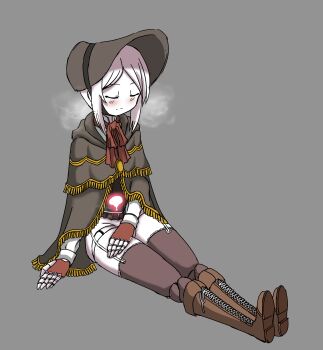 1girl absurdres bloodborne blush bonnet boots bottomless breath brown_boots brown_gloves brown_thighhighs closed_eyes closed_mouth colored_skin commentary deculture doll_joints english_commentary expressionless fingerless_gloves fringe_trim full_body garter_straps gloves grey_background grey_bonnet grey_cloak highres implied_after_sex joints lace-up_boots parted_hair plain_doll short_hair simple_background sitting solo thighhighs uterus white_hair white_skin x-ray