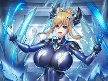 1girl action_taimanin alternate_costume alternate_hairstyle artist_request blonde_hair bodysuit breasts covered_navel curvy fang floating fuuma_kotarou_(taimanin_series) game_asset gloves huge_breasts ice impossible_bodysuit impossible_clothes indoors lilith-soft looking_at_another looking_at_viewer official_alternate_costume official_alternate_hairstyle onizaki_kirara open_mouth ponytail revealing_clothes shiny_clothes smile taimanin_(series) wide_hips