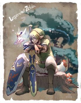 1boy 1girl belt_buckle bird blonde_hair boots brown_boots brown_gloves buckle chicken crossed_arms dress fairy fairy_wings fingerless_gloves flying full_body gloves green_hair green_tunic hair_between_eyes link looking_at_another master_sword mushroom nintendo pants parted_lips phrygian_cap pointy_ears scabbard sheath shield shiroton_(kazamineko) short_hair sitting smile sparkle the_legend_of_zelda tree_stump tunic vambraces white_dress white_pants wings