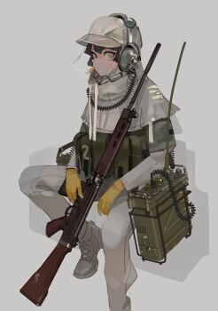 1girl absurdres cigarette commentary english_commentary gloves gun headphones highres holding holding_gun holding_weapon hood hood_up original polilla simple_background smoke smoke_trail solo weapon yellow_gloves