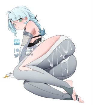 1girl ass bare_shoulders blue_hair blush braid braided_ponytail breasts closed_eyes collar cum cum_on_body dress elbow_gloves gloves green_eyes hair_ornament highres looking_at_viewer medium_breasts medium_hair open_mouth pantyhose see-through_cleavage see-through_clothes seed_(zenless_zone_zero) short_dress side_slit stirrup_legwear swept_bangs thighs toeless_legwear white_dress white_gloves white_pantyhose zasshu zenless_zone_zero