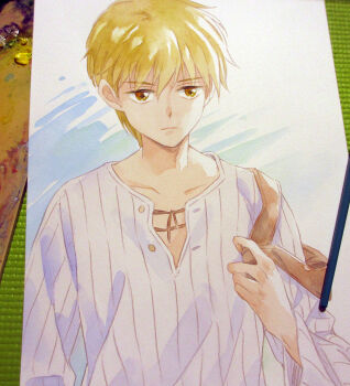 1boy agahari art_tools_in_frame bag blonde_hair brown_eyes closed_mouth collarbone commentary_request expressionless hand_up hayama_akito henley_shirt holding holding_bag kodomo_no_omocha male_focus painting_(medium) photo_(medium) shirt short_hair solo striped_clothes striped_shirt traditional_media upper_body vertical-striped_clothes vertical-striped_shirt white_shirt