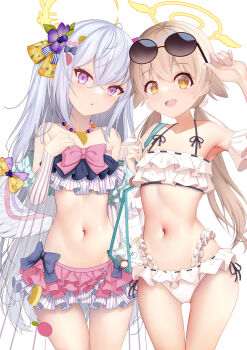 Rule 34 | 2girls, absurdres, arm up, azusa (blue archive), azusa (swimsuit) (blue archive), bag, bikini, blue archive, breasts, brown eyes, brown hair, collarbone, commentary request, eyewear on head, feathered wings, halo, hifumi (blue archive), hifumi (swimsuit) (blue archive), highres, long hair, looking at viewer, multiple girls, navel, official alternate costume, outdoors, parted lips, pink hair, purple eyes, round eyewear, ruffle bikini, sausage (qqc33693), shoulder bag, simple background, small breasts, smile, stomach, sunglasses, swimsuit, twintails, very long hair, white background, white bikini, white hair, white wings, wings, yellow halo