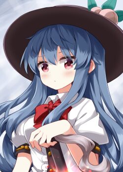 Rule 34 | 1girl, blue hair, blush, bow, bowtie, brown hat, center frills, closed mouth, collared shirt, commentary request, frills, hat, hat ornament, highres, hinanawi tenshi, holding, holding sword, holding weapon, leaf hat ornament, long hair, looking at viewer, peach hat ornament, puffy short sleeves, puffy sleeves, red bow, red bowtie, red eyes, ruu (tksymkw), shirt, short sleeves, solo, sword, sword of hisou, touhou, upper body, weapon, white shirt