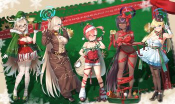 5girls absurdres ahoge akane_(blue_archive) animal_costume animal_ears antlers asuna_(blue_archive) asymmetrical_hair bare_shoulders bell black_hair black_halo black_pantyhose black_shoes blonde_hair blue_archive blue_dress blue_eyes blue_hair blue_halo blue_nails blush box braid breasts brown_eyes brown_halo brown_suit capelet choker christmas christmas_ornaments cleaning_&amp;_clearing_(blue_archive) cleavage closed_mouth collarbone commentary cosplay dark-skinned_female dark_skin doodle_sensei_(blue_archive) dress elf_hat fake_animal_ears fake_horns fingerless_gloves formal_clothes full_body fur-trimmed_capelet fur-trimmed_dress fur-trimmed_headwear fur_trim gift gift_box glasses gloves green_capelet green_scarf green_shoes grin hair_between_eyes hair_over_one_eye halo hand_on_own_hip hat high_heels highres holding holding_box horns huge_ahoge karin_(blue_archive) kigurumi large_breasts long_hair looking_at_viewer looking_to_the_side loose_socks medium_breasts mini_hat mini_top_hat mole mole_on_breast multicolored_hair multiple_girls naked_ribbon navel neck_bell neru_(blue_archive) orange_hair pantyhose parted_lips pointing pointing_at_viewer red_dress red_gloves red_hat red_ribbon red_scarf reindeer_antlers reindeer_costume ribbon sack santa_costume santa_hat scarf sensei_(blue_archive) shoes short_hair single_braid smile socks standing strapless strapless_dress streaked_hair stuffed_animal stuffed_toy suit teddy_bear thigh_strap thighhighs thighs toki_(blue_archive) top_hat v very_long_hair walking_nakta white_background white_gloves white_thighhighs yellow_eyes zoom_layer