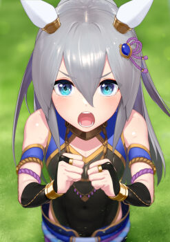 1girl animal_ears armband bare_shoulders black_gloves blue_eyes blue_pants blurry blurry_background breasts breasts_apart bridal_gauntlets clenched_hands clothing_cutout covered_navel day ear_covers gloves grass grey_background grey_hair hands_in_own_hair highres horse_ears horse_girl horse_tail kazakami_yuu long_hair open_mouth outdoors pants rope shimenawa shirt sleeveless sleeveless_shirt small_breasts smile solo tail tamamo_cross_(fierce_thunder_god)_(umamusume) tamamo_cross_(umamusume) umamusume v-shaped_eyebrows very_long_hair