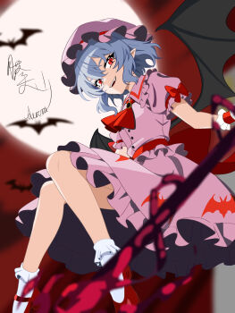 Rule 34 | 1girl, ascot, aurora (wdc1234555), back bow, bad id, bad pixiv id, bat (animal), bat wings, blue hair, bow, collared shirt, commentary, frilled shirt collar, frills, full moon, hat, highres, holding, holding polearm, holding weapon, looking at viewer, mary janes, mob cap, moon, open mouth, pink hat, pink shirt, pink skirt, polearm, puffy short sleeves, puffy sleeves, red ascot, red bow, red eyes, red shoes, red sky, remilia scarlet, shirt, shoes, short sleeves, signature, skirt, skirt set, sky, sleeve bow, smile, socks, solo, spear the gungnir, touhou, weapon, white socks, wings, wrist cuffs