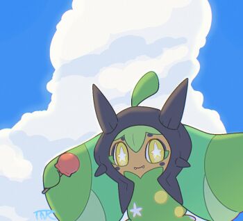 1girl 2396727607 bright_pupils candy_apple cloak colored_skin fangs food green_cloak holding nintendo ogerpon ogerpon_(teal_mask) orange_skin pokemon pokemon_(creature) smile solo star-shaped_pupils star_(symbol) symbol-shaped_pupils white_pupils yellow_eyes