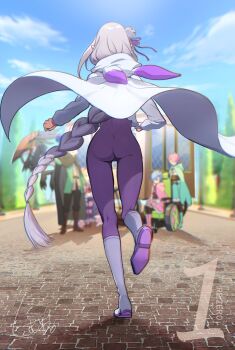 1boy 4girls absurdres animal_ear_hood animal_ears ass beatrice_(re:zero) blue_sky blurry blurry_background bodysuit boots braid cloak cloud colored_shoe_soles commentary_request copyright_name day emilia_(re:zero) facing_away fake_animal_ears floating_hair flower from_behind grey_hair hair_flower hair_ornament hair_ribbon highres hood hood_down hooded_cloak knee_boots kumuo_(mirakurufusao) long_sleeves multiple_girls natsuki_subaru outdoors patrasche_(re:zero) pointy_ears purple_bodysuit purple_ribbon ram_(re:zero) re:zero_kara_hajimeru_isekai_seikatsu rem_(re:zero) ribbon rose running signature skin_tight sky solo_focus stone_floor wheelchair white_boots white_cloak white_flower white_rose