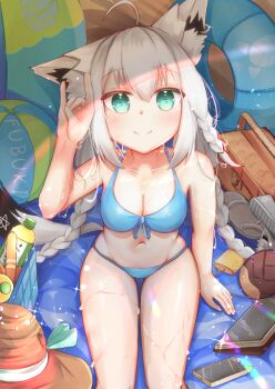 Rule 34 | 1girl, ahoge, animal ear fluff, animal ear piercing, animal ears, ball, bare shoulders, beachball, bikini, blush, braid, breasts, buoy, cellphone, cleavage, collarbone, fox ears, fox shadow puppet, green eyes, hair between eyes, hand on ground, hat, highres, hololive, iphone, long hair, looking at viewer, looking up, minertime, navel, pentagram, phone, sandals, shirakami fubuki, sitting, smartphone, smile, solo, stomach, sun hat, sweat, swimsuit, virtual youtuber, wet, white hair
