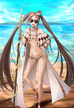 1girl absurdres bare_shoulders bikini breasts brown_hair cleavage commentary_request earrings fate/grand_order fate_(series) full_body hair_ornament highres jewelry long_hair looking_at_viewer medium_breasts navel open_clothes open_mouth polearm robe solo spear sunglasses swimsuit twintails very_long_hair weapon white_bikini yu_mei-ren_(fate) yu_mei-ren_(swimsuit_lancer)_(fate) yuniyuni