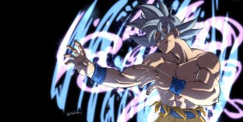 1boy absurdres aura black_background commentary cowboy_shot dragon_ball dragon_ball_super english_commentary fighting_stance grey_eyes grey_hair highres male_focus medium_hair muscular muscular_male orange_pants p6draws pants solo son_goku spiked_hair topless_male ultra_instinct