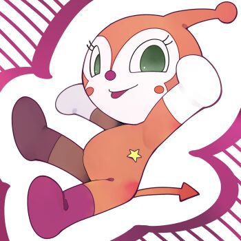 Rule 34 | 1girl, absurdres, anpanman, antennae, arm up, blush stickers, bodysuit, boots, commentary request, demon tail, dokin-chan, eyelashes, full body, green eyes, highres, looking at viewer, red bodysuit, solo, striped background, tail, tongue, tongue out, youjo modoki