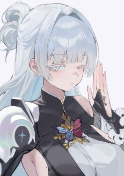 1girl absurdres black_bridal_gauntlets braid breasts bridal_gauntlets butterfly_brooch colored_eyelashes commentary eoboong goddess_of_victory:_nikke green_eyes grey_background grey_hair hair_bun hair_intakes half_up_braid highres hololive_christmas_outfit large_breasts long_hair looking_at_viewer mechanical_arms mole mole_on_breast nayuta_(nikke) one_eye_closed shirt sideboob sideless_outfit simple_background single_bare_shoulder single_bridal_gauntlet single_hair_bun single_mechanical_arm solo upper_body white_shirt wispy_bangs