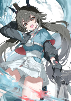 1girl arknights arknights:_endfield arm_behind_head arm_up black_gloves black_hair black_horns brown_eyes chen_qianyu_(arknights) commentary_request cowboy_shot gloves hair_between_eyes highres holding holding_sword holding_weapon horns jacket krux_(k_krux) light_blush long_hair long_sleeves looking_at_viewer miniskirt open_clothes open_jacket open_mouth short_shorts short_sleeves shorts skirt sword teeth twintails upper_teeth_only weapon white_shorts white_skirt