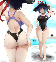 Rule 34 | 2girls, adapted costume, asphyxiation, ass, back, barefoot, black hair, black hat, blue hair, bow, breasts, closed mouth, commentary request, commission, competition swimsuit, covered navel, cowboy shot, drowning, from behind, full body, hat, hat bow, highleg, highleg swimsuit, highres, hinanawi tenshi, kagiyama shachou, large breasts, looking at viewer, medium bangs, multiple girls, multiple views, nagae iku, one-piece swimsuit, paid reward available, pool, red bow, red eyes, short hair, skeb commission, smile, solo focus, standing, sun hat, swimsuit, touhou, water