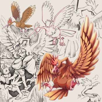 1girl animal_ears backpack bag beak bird brown_feathers buneary closed_eyes commentary_request fearow feathered_wings feathers flying gen_1_pokemon gen_3_pokemon gen_4_pokemon highres hug nintendo pokemon pokemon_(creature) pokemon_rgby rabbit rabbit_ears seviper shoupitsuki sketch smile snake surprised talons twintails vulture wings