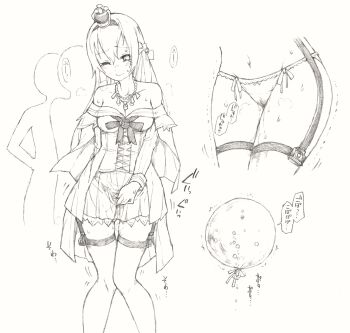 10s 1girl bare_shoulders between_legs blush bow bow_panties braid breasts cleavage collarbone corset crown dress flower garter_straps greyscale hair_bow hair_ornament hairband half_up_braid hand_between_legs has_bad_revision has_downscaled_revision have_to_pee highres japanese_text jewelry kantai_collection knees_together_feet_apart koorimizu long_hair long_sleeves md5_mismatch medium_breasts mini_crown monochrome navel necklace off-shoulder_dress off_shoulder one_eye_closed panties pee pee_stain peeing peeing_self pleated_dress queue resolution_mismatch rose silhouette simple_background source_smaller sweat tears thighhighs translation_request trembling underwear urine_meter warspite_(kancolle) white_background wince wink zettai_ryouiki