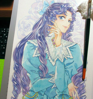 1girl agahari angelique_(series) art_brush art_tools_in_frame blue_bow blue_eyes blue_hair blue_skirt bow capelet commentary_request flower gem hair_bow hand_up jewelry juliet_sleeves lace_capelet long_hair long_sleeves looking_at_viewer paintbrush painting_(medium) parted_lips photo_(medium) puffy_sleeves red_gemstone ringlets rosalia_de_catargena rose sideways_glance skirt sleeve_cuffs smile solo traditional_media turning_head upper_body very_long_hair white_capelet white_flower white_rose