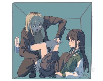 2girls awa_subaru black_hair black_jacket black_pants black_skirt black_sweater blush brown_sweater collared_shirt commentary girls_band_cry green_jacket green_necktie grey_eyes grey_footwear grey_hair hand_on_another&#039;s_leg highres jacket kawaragi_momoka letterman_jacket long_hair long_sleeves multicolored_hair multiple_girls necktie open_mouth pants parted_lips roots_(hair) shirt shoes skirt sneakers squatting stuck_in_a_box sweater tan_dand white_jacket white_shirt yuri