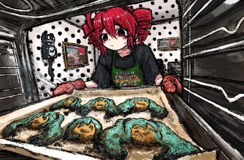 Rule 34 | 1girl, apron, baking sheet, black shirt, blush stickers, bubbacterial, character cookie, cookie, drill hair, english text, food, green apron, hatsune miku, highres, kasane teto, kit-cat clock, oven, oven mitts, picture frame, polka dot, red hair, red oven mitts, shirt, solo, t-shirt, twin drills, vocaloid, wallpaper (object)