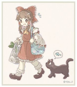 1girl ascot bag black_cat border bow brown_eyes brown_hair brown_shoes cat chigu commentary_request detached_sleeves fish frilled_bow frilled_hair_tubes frills grocery_bag hair_bow hair_tubes hakurei_reimu highres holding holding_bag long_hair mary_janes red_bow red_skirt ribbon-trimmed_sleeves ribbon_trim shoes shopping_bag skirt skirt_set socks touhou twitter_username white_socks yellow_ascot