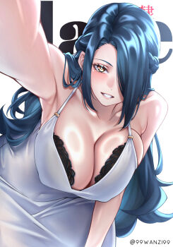 1girl absurdres artist_name azuma_fubuki black_hair breasts cleavage commentary_request dress highres large_breasts long_hair mato_seihei_no_slave mature_female signature sleeveless smile solo twitter_username very_long_hair wanzi_(99wanzi99) white_dress