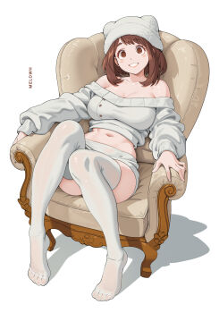 1girl absurdres artist_name bare_shoulders blush boku_no_hero_academia breasts brown_eyes brown_hair chair cleavage collarbone commentary english_commentary full_body highres large_breasts long_sleeves looking_at_viewer melowh midriff navel off-shoulder_sweater off_shoulder on_chair short_hair sitting smile solo stomach sweater thighhighs uraraka_ochako white_background white_sweater white_thighhighs