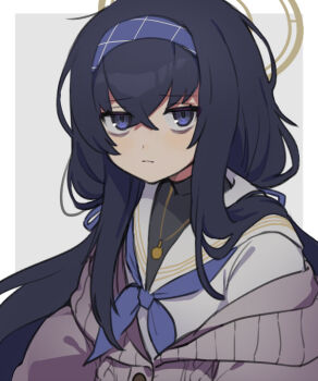 1girl bags_under_eyes black_hair blue_archive brown_cardigan brown_halo cardigan commentary_request grey_background hair_between_eyes hairband halo jewelry long_hair looking_at_viewer neckerchief necklace purple_eyes purple_hairband purple_neckerchief sailor_collar simple_background solo tokage_(pr) ui_(blue_archive) upper_body white_sailor_collar