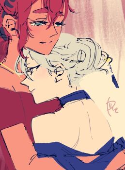 2girls bare_shoulders blue_dress blue_eyes closed_mouth commentary dress grey_eyes gundam gundam_suisei_no_majo hair_bun hug long_hair miorine_rembran multiple_girls off-shoulder_dress off_shoulder red_dress red_hair smile suletta_mercury surfacedxxc thick_eyebrows white_hair yuri