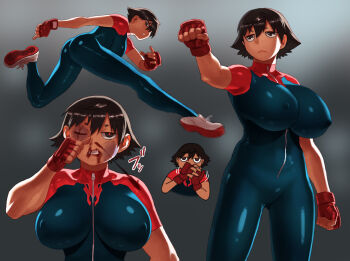 1girl :&lt; ass black_hair blood blue_bodysuit bodysuit breasts brown_eyes bruise bruise_on_face bruised_eye clenched_teeth commentary_request covered_erect_nipples fingerless_gloves gloves highres huge_breasts impossible_bodysuit impossible_clothes injury mma_gloves narisokonai nosebleed one_eye_closed original red_gloves red_shoes shoes short_eyebrows teeth