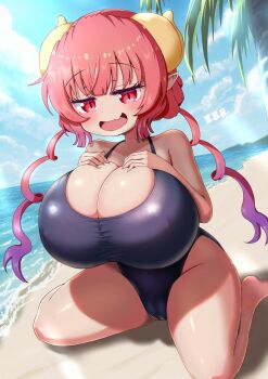 1girl beach blue_one-piece_swimsuit blush breasts cameltoe cleavage dragon_girl dragon_horns drill_hair fang gigantic_breasts gradient_hair hands_on_own_chest highres horns huge_breasts ilulu_(maidragon) kobayashi-san_chi_no_maidragon low_twintails multicolored_hair ocean on_ground one-piece_swimsuit open_mouth outdoors palm_tree pointy_ears purple_hair red_eyes red_hair reiwa_rerere shortstack sitting skin_fang sky slit_pupils smile solo swimsuit thick_thighs thighs tree twin_drills twintails wariza