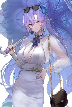 1girl aengdohwa bag black_bag blue_eyes blue_flower breasts cantarella_(wuthering_waves) closed_mouth collar dress earrings eyewear_on_head facial_mark fingernails flower frilled_collar frills hair_between_eyes hair_flower hair_ornament highres holding holding_umbrella jewelry large_breasts long_fingernails long_hair looking_at_viewer mark_under_eye nail_polish neck_ribbon official_alternate_costume parasol purple_hair purple_nails purple_ribbon purple_umbrella ribbon see-through_cleavage see-through_clothes see-through_shirt shirt shoulder_bag smile solo sunglasses umbrella very_long_hair white_collar white_dress white_shirt wuthering_waves