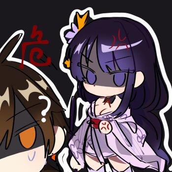 1boy 1girl ? ahoge anger_vein angry black_background blunt_bangs braid breasts brown_hair chibi chibi_only chinese_commentary cleavage clenched_hand confused couple detached_collar earrings flower_ornament friends genshin_impact gradient_hair hair_between_eyes hair_ornament japanese_clothes jewelry kimono large_breasts long_braid long_hair long_sleeves looking_to_the_side mole mole_under_eye multicolored_hair neck_ribbon no_mouth off_shoulder orange_eyes purple_eyes purple_hair purple_kimono purple_thighhighs raiden_shogun red_ribbon ribbon shaded_face single_braid single_earring standing sweatdrop thighhighs thighs wide_sleeves zhi47019 zhongli_(genshin_impact)