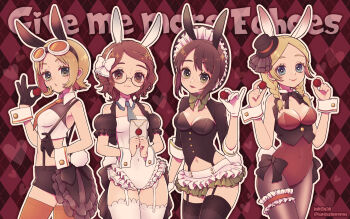 4girls :&gt; :3 :o alternate_costume animal_ears anne_lester black_bow black_bowtie black_gloves black_pantyhose black_thighhighs blonde_hair blue_eyes blue_necktie bonnet bow bow_hairband bowtie braid breasts brown_eyes brown_hair cleavage commentary_request covered_navel cowboy_shot crop_top detached_collar emma_woods english_text freckles frilled_bonnet frilled_leotard frilled_skirt frilled_thigh_strap frills garter_straps gloves goggles goggles_on_head green_bow green_bowtie green_eyes hair_bow hairband half_gloves halterneck helena_adams holding identity_v lace lace-trimmed_thighhighs lace_trim leotard looking_at_viewer medium_hair middle_part miniskirt multiple_girls navel necktie nontraditional_playboy_bunny orange_necktie orange_thighhighs pantyhose pink_lips puffy_sleeves rabbit_ears red_leotard short_hair side_part skirt strapless strapless_leotard suspenders tareme thigh_strap thighhighs tracy_reznik twin_braids twitter_username white_bow white_hairband white_thighhighs white_wrist_cuffs wrist_cuffs yunoichi-hoshiduki