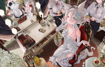4girls absurdres animal_ears applying_another's_makeup applying_makeup blue_eyes brushing_hair commentary dress english_commentary grey_hair hair_ornament highres mirror multiple_girls original reflection sitting snarkhunt tail tears wedding_dress wiping_tears