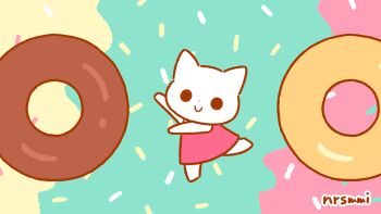 1girl animated animated_gif cat cat_girl chibi closed_mouth collared_dress dancing donut dress food furry furry_female licking_lips mai_narushima original pink_dress signature smile solid_circle_eyes solo sprinkles tongue tongue_out