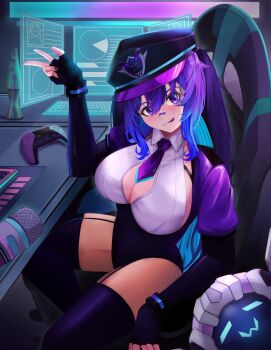 1girl absurdres blush breasts chair cleavage cleavage_cutout clothing_cutout computer_keyboard controller desk erlain07 gaming_chair hat highres holographic_keyboard large_breasts lava_lamp leotard long_hair melody_(projektmelody) melody_(projektmelody)_(lewd_cadet) microphone multicolored_hair necktie playstation_controller purple_eyes sitting swivel_chair t0m_(projektmelody) tongue tongue_out v virtual_youtuber vshojo