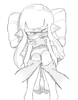 1boy 1girl blush cellphone disembodied_hand dot_nose ear_blush grabbing_another's_leg greyscale hand_on_another's_leg highres holding holding_phone inkling_girl inkling_player_character kikai_(akita_morgue) legs_together loli looking_at_viewer lying monochrome nintendo on_back phone pointy_ears pov pov_hands shirt short_eyebrows short_shorts short_sleeves shorts single_bare_shoulder smartphone solo_focus splatoon_(series) sweat tentacle_hair upshorts