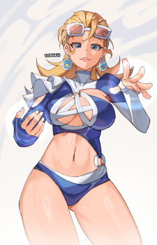 1girl belly blonde_hair blue_eyes blush breasts cleavage cleavage_cutout clothing_cutout earrings fantastic_four highleg highleg_one-piece_swimsuit highres jewelry large_breasts long_hair looking_at_viewer marvel marvel_rivals navel official_alternate_costume one-piece_swimsuit simple_background smile solo sue_storm sue_storm_(azure_shade) sunglasses swimsuit wokiiarts