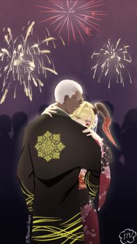 1boy 1girl absurdres blonde_hair buzz_cut commentary crew_cut dark-skinned_male dark_skin emiya_alter english_commentary fate/grand_order fate_(series) happy_sex highres horns japanese_clothes kimono long_horns murasaki_inori nero_claudius_(fate) new_year queen_draco_(fate) short_hair tall_male very_dark_skin very_short_hair white_hair yukata