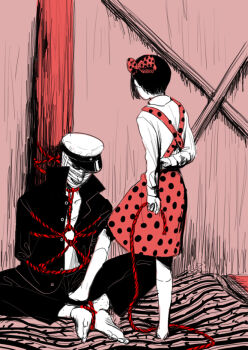 1boy 1girl amputee arm_behind_back armless_amputee atamaokasii bandaged_head bandages barefoot bdsm bound_ankles bow commentary_request covered_face double_amputee femdom foot_to_another&#039;s_crotch gakuran grin hair_bow hat high_collar holding holding_rope indian_style jacket kicking kneehighs long_sleeves looking_at_another midori_(shoujo_tsubaki) no_shoes on_floor open_clothes open_jacket pants peaked_cap polka_dot polka_dot_bow polka_dot_skirt red_bow red_skirt red_theme restrained rope school_uniform shibari shibari_over_clothes shirt short_hair shoujo_tsubaki sitting skirt smile socks standing suspender_skirt suspenders tokkuriji_muchisute