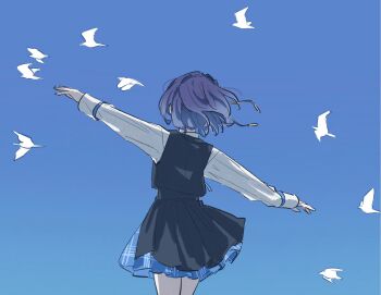 Rule 34 | 1girl, bird, blue background, blue skirt, blue vest, border, commentary request, enu (brandnewday02), facing away, from behind, gakuen idolmaster, hataya misuzu, hatsuboshi gakuen school uniform, highres, idolmaster, long sleeves, outstretched arms, pleated skirt, purple hair, school uniform, shirt, short hair, skirt, solo, spread arms, vest, white border, white shirt