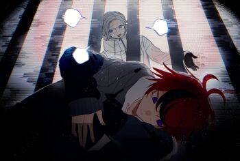 2boys antenna_hair aotsuki_eito black_gloves black_hair black_jacket blank_speech_bubble blue_eyes chinese_commentary commentary_request drawstring eyelashes gloves grey_hair grey_jacket hair_between_eyes high_collar highres hood hood_down hoodie iron_bars jacket jacket_over_hoodie long_sleeves male_focus multicolored_hair multiple_boys open_clothes open_jacket open_mouth red_hair short_hair smile speech_bubble streaked_hair sumino_takumi syuu_1125 the_hundred_line_-last_defense_academy- two-tone_hair white_hoodie white_jacket