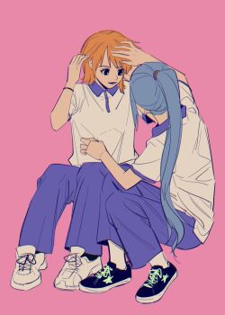 2girls abanovo black_shoes blue_hair blue_pants collared_shirt hand_in_another&#039;s_hair hand_in_own_hair highres long_hair looking_at_another medium_hair multiple_girls nami_(one_piece) nefertari_vivi one_piece open_mouth orange_hair pants parted_bangs pink_background ponytail shirt shoes short_sleeves sitting smile sneakers white_shirt
